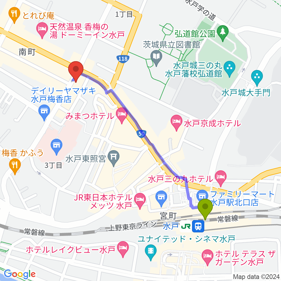 水戸ペーパームーンの最寄駅水戸駅からの徒歩ルート（約10分）地図