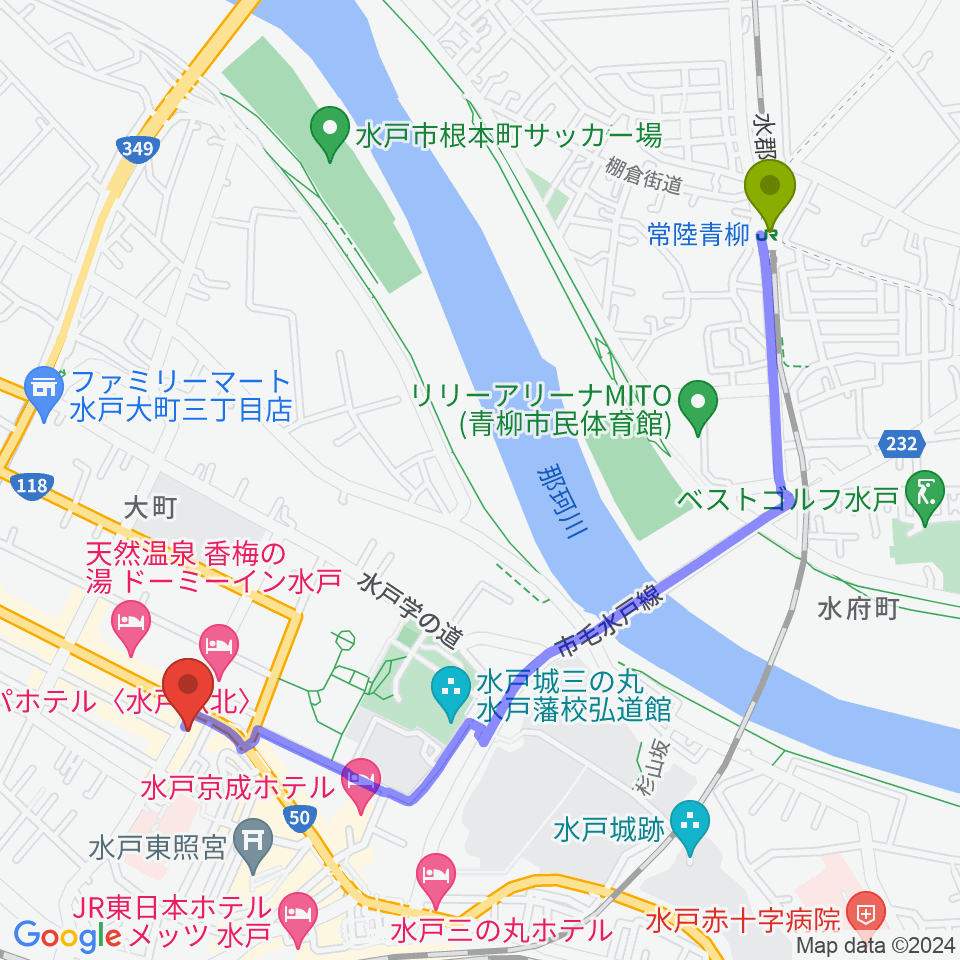 常陸青柳駅から水戸ペーパームーンへのルートマップ地図