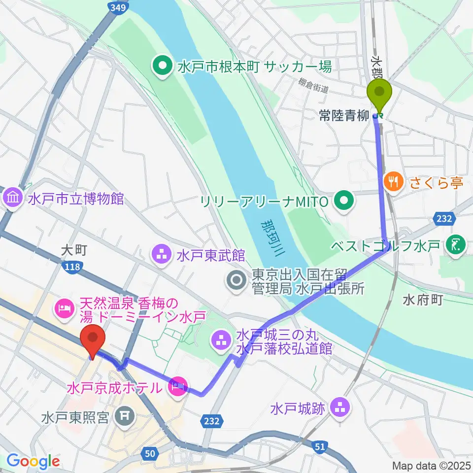 常陸青柳駅から水戸ペーパームーンへのルートマップ地図