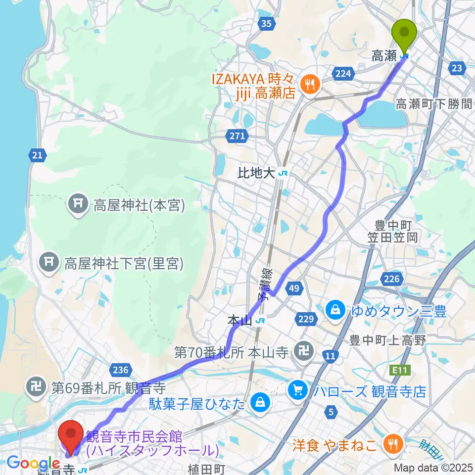 高瀬駅からハイスタッフホール 観音寺市民会館へのルートマップ地図