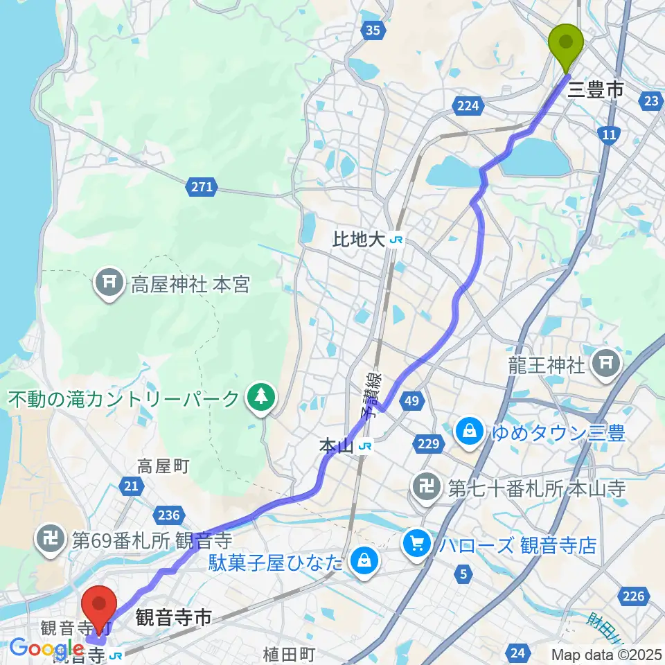 高瀬駅からハイスタッフホール 観音寺市民会館へのルートマップ地図