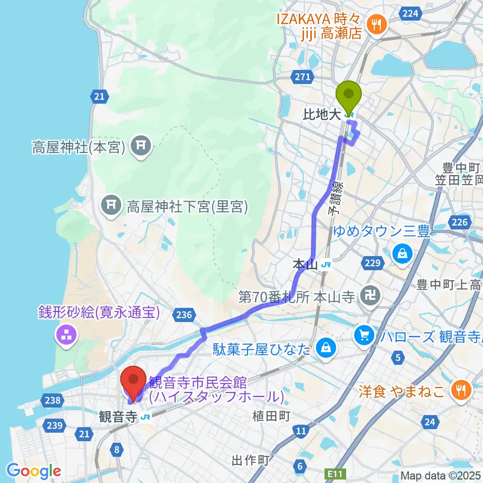 比地大駅からハイスタッフホール 観音寺市民会館へのルートマップ地図