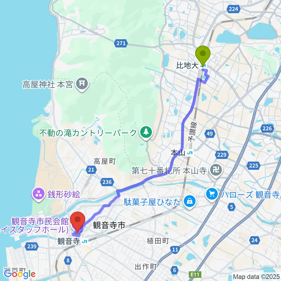 比地大駅からハイスタッフホール 観音寺市民会館へのルートマップ地図