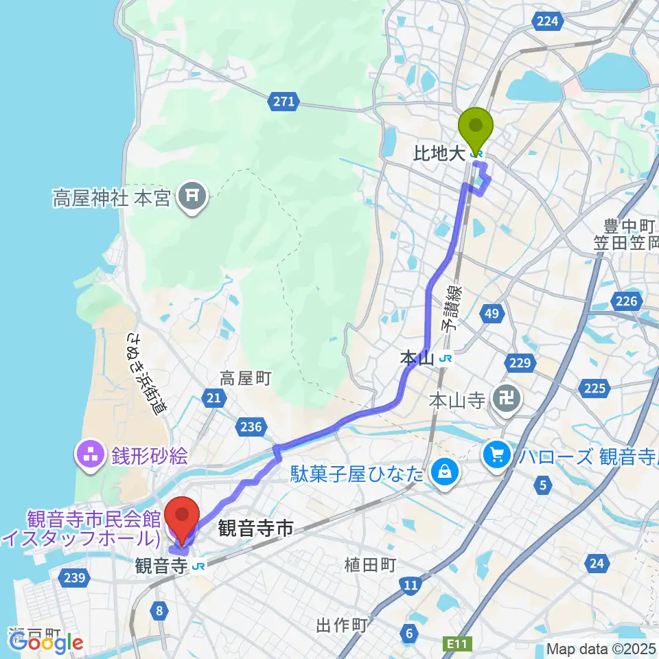 比地大駅からハイスタッフホール 観音寺市民会館へのルートマップ地図