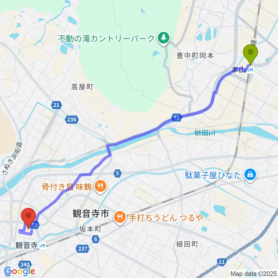 本山駅からハイスタッフホール 観音寺市民会館へのルートマップ地図