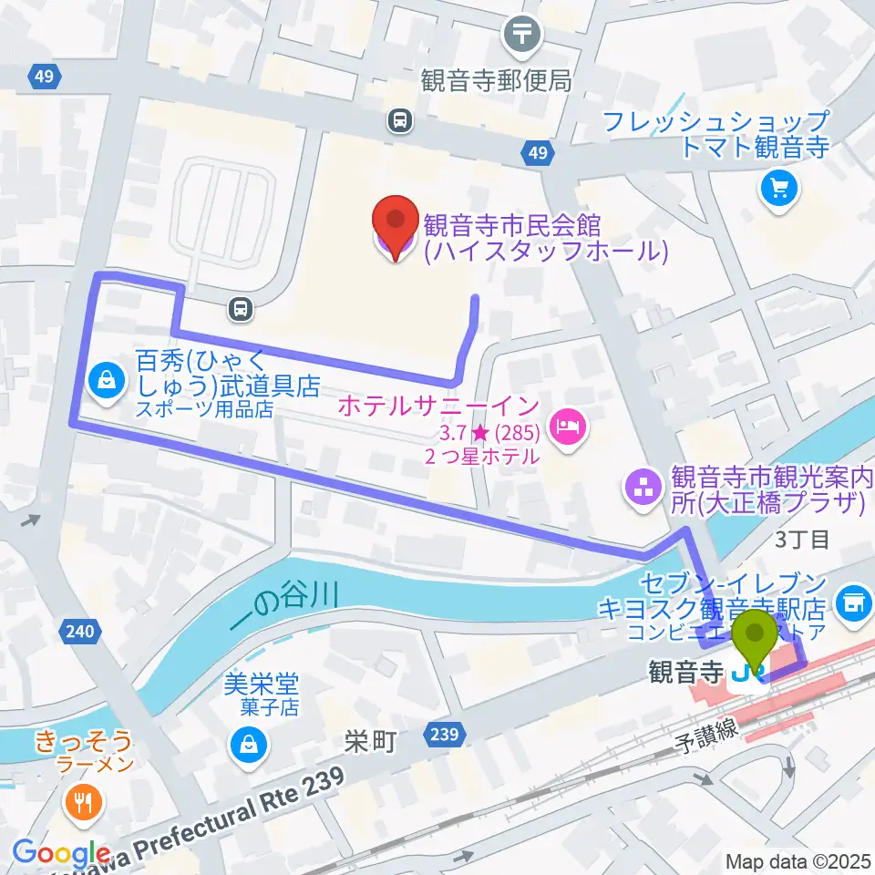 ハイスタッフホール 観音寺市民会館の最寄駅観音寺駅からの徒歩ルート（約5分）地図