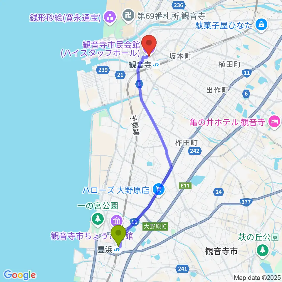 豊浜駅からハイスタッフホール 観音寺市民会館へのルートマップ地図