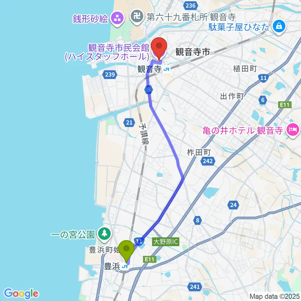 豊浜駅からハイスタッフホール 観音寺市民会館へのルートマップ地図