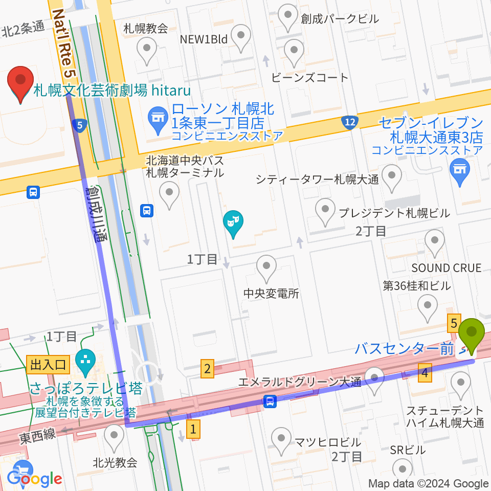 バスセンター前駅から札幌文化芸術劇場 hitaruへのルートマップ - MDATA