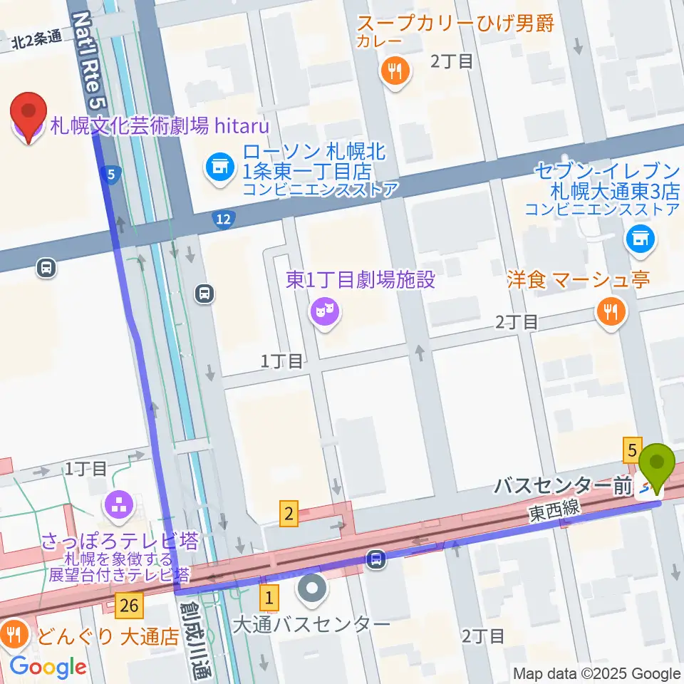 バスセンター前駅から札幌文化芸術劇場 hitaruへのルートマップ地図