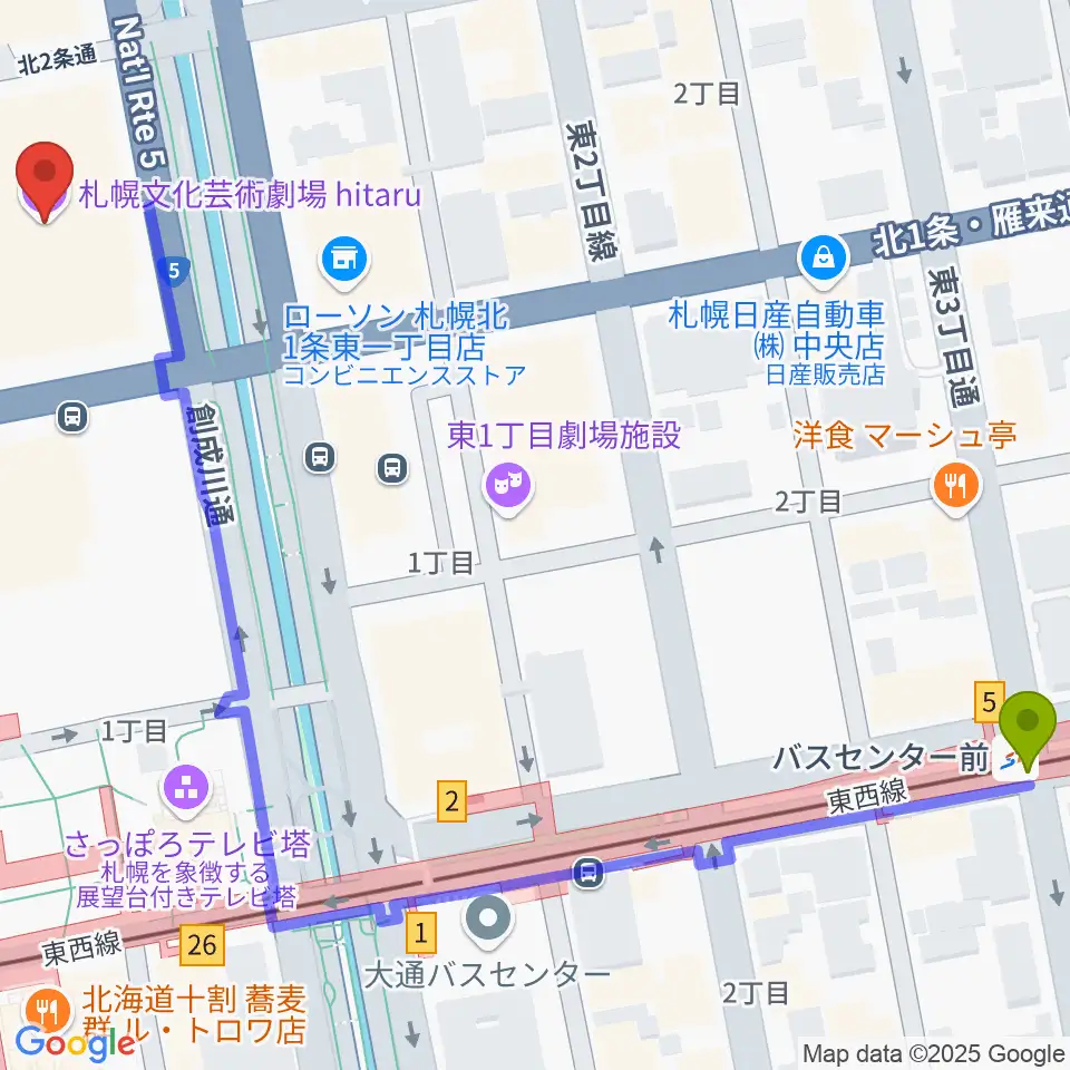 バスセンター前駅から札幌文化芸術劇場 hitaruへのルートマップ地図