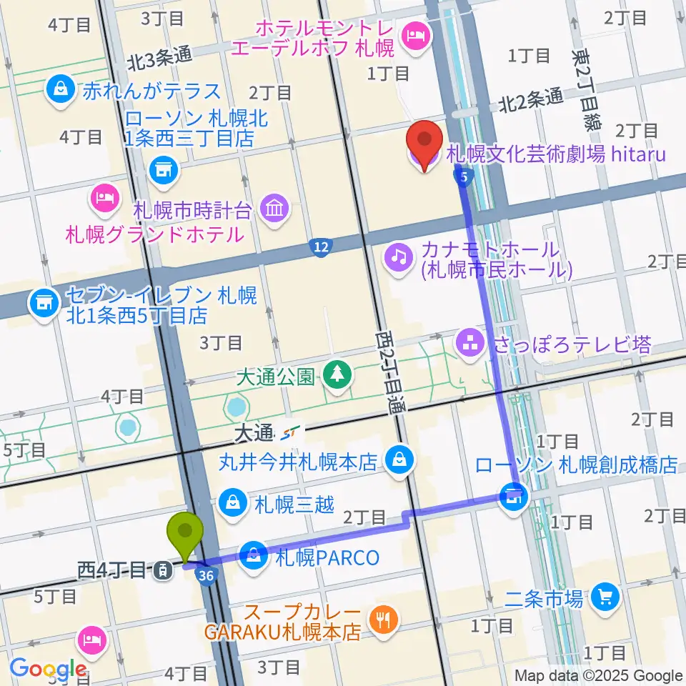 西４丁目駅から札幌文化芸術劇場 hitaruへのルートマップ地図