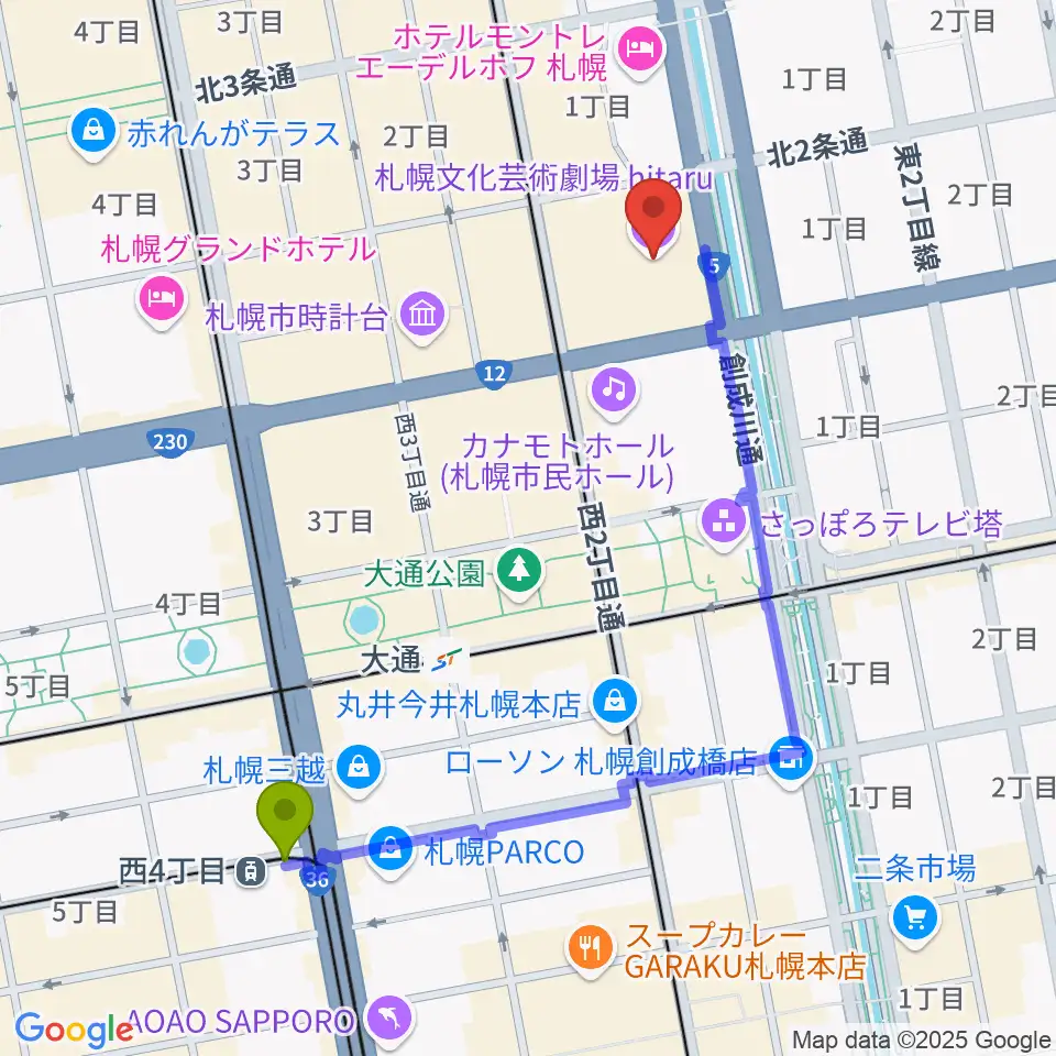 西４丁目駅から札幌文化芸術劇場 hitaruへのルートマップ地図