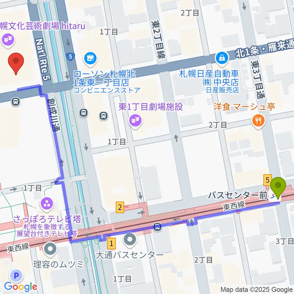 バスセンター前駅から札幌文化芸術交流センターSCARTSへのルートマップ地図
