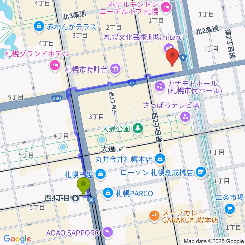 西４丁目駅から札幌文化芸術交流センターSCARTSへのルートマップ地図
