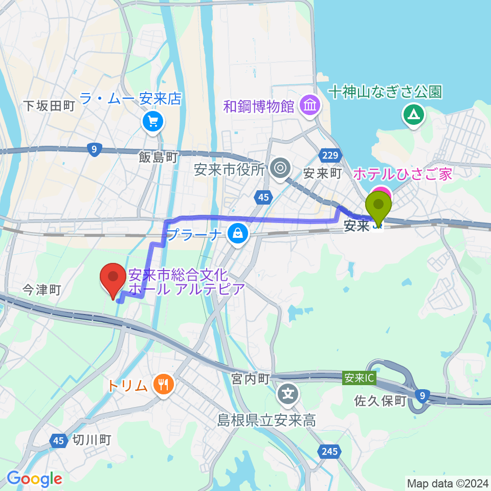 安来市総合文化ホール アルテピアの最寄駅安来駅からの徒歩ルート（約35分）地図