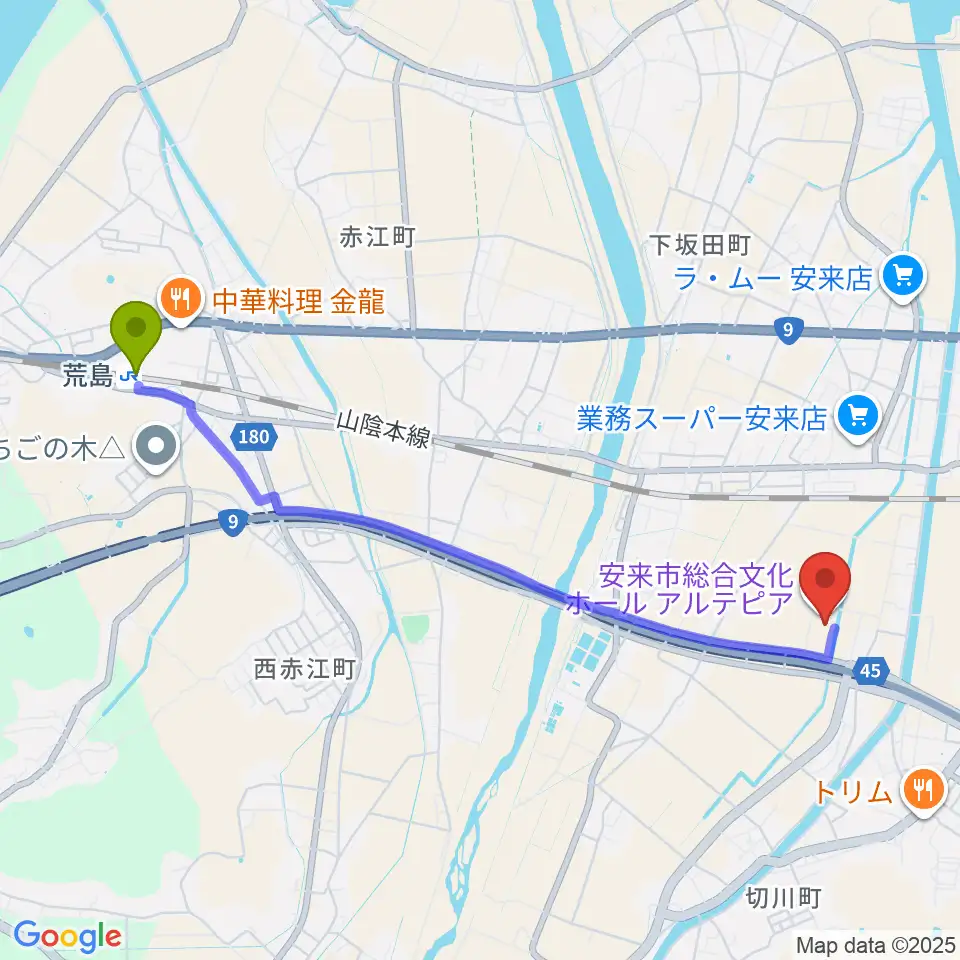 荒島駅から安来市総合文化ホール アルテピアへのルートマップ地図