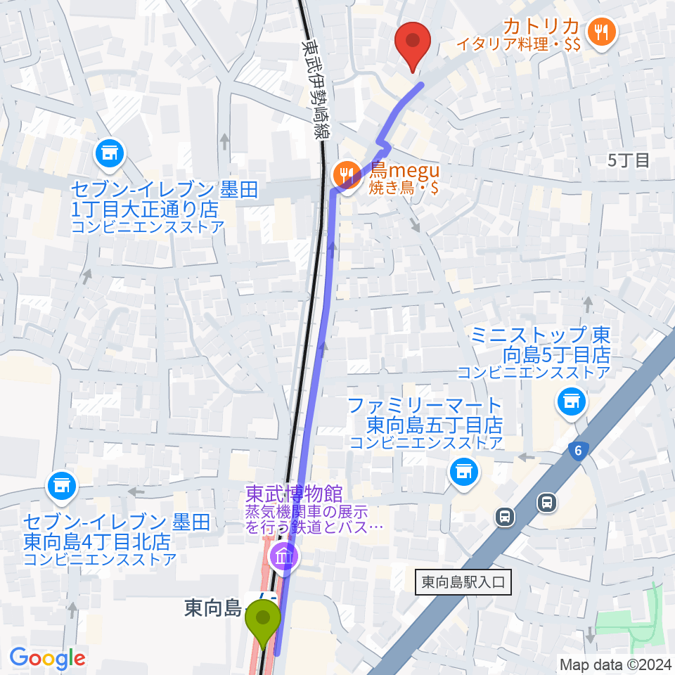 池田達也 ベース・レッスン・スタジオの最寄駅東向島駅からの徒歩ルート（約7分）地図