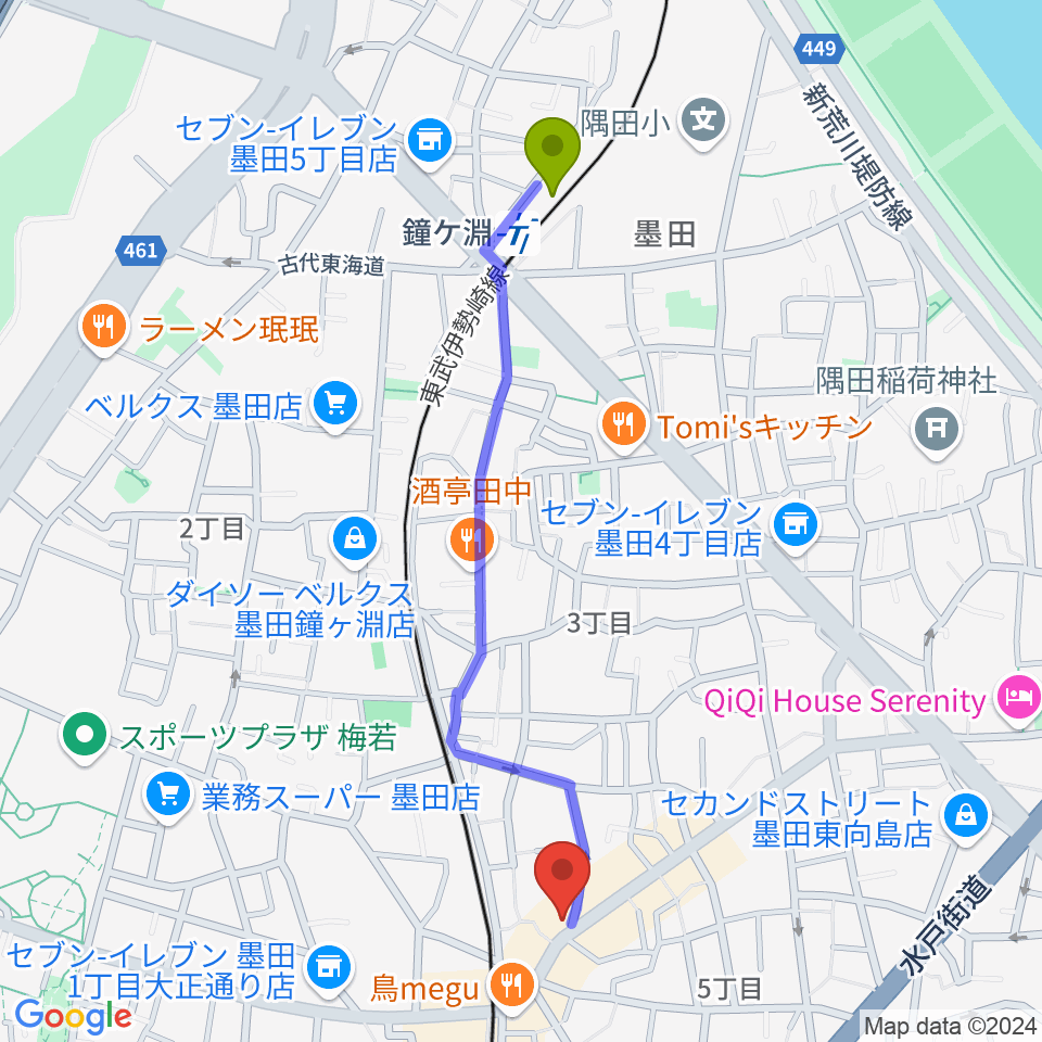 鐘ヶ淵駅から池田達也 ベース・レッスン・スタジオへのルートマップ地図