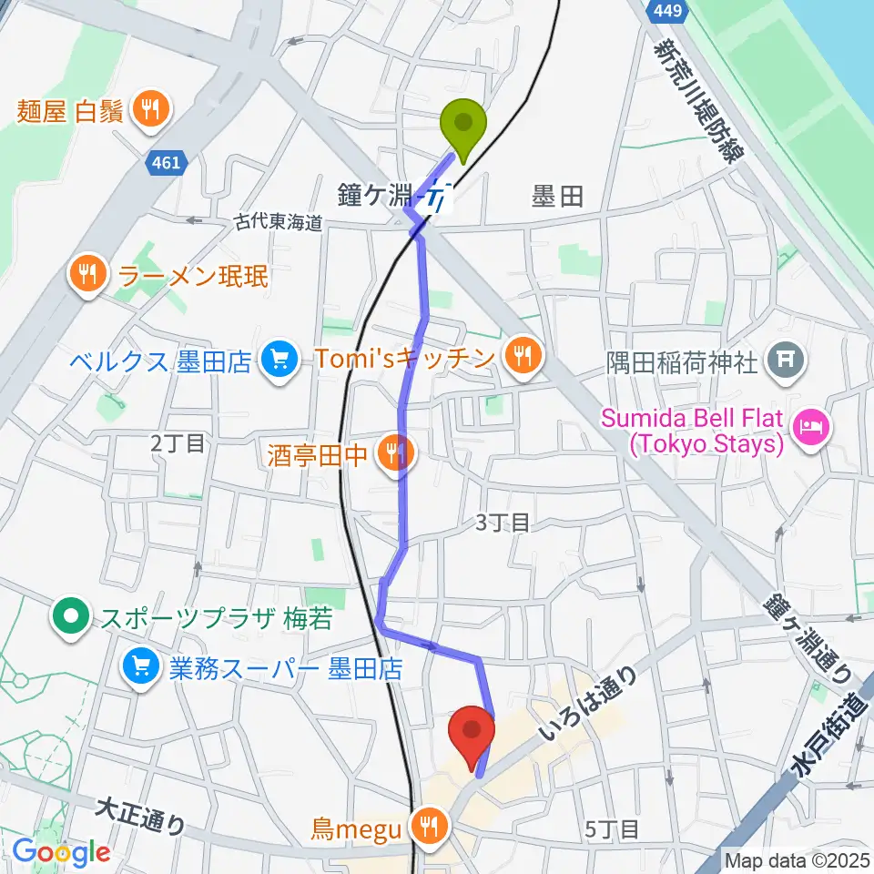鐘ヶ淵駅から池田達也 ベース・レッスン・スタジオへのルートマップ地図