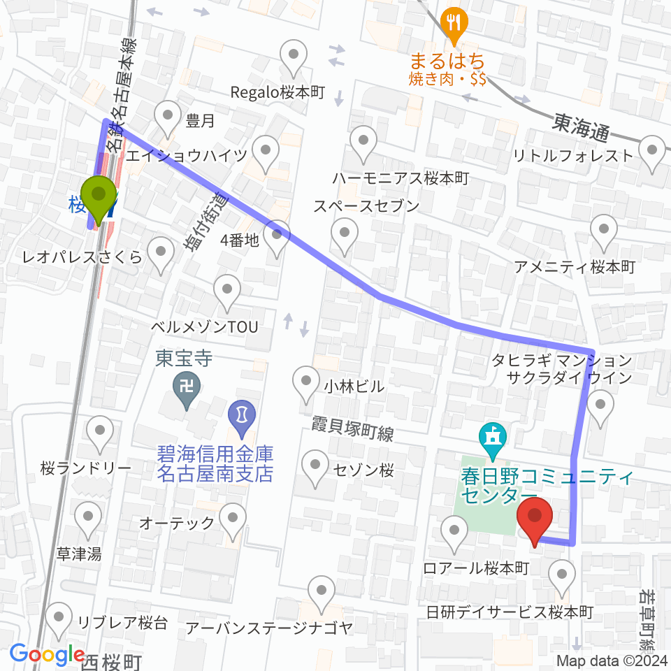 若草町フルート教室の最寄駅桜駅からの徒歩ルート（約6分）地図