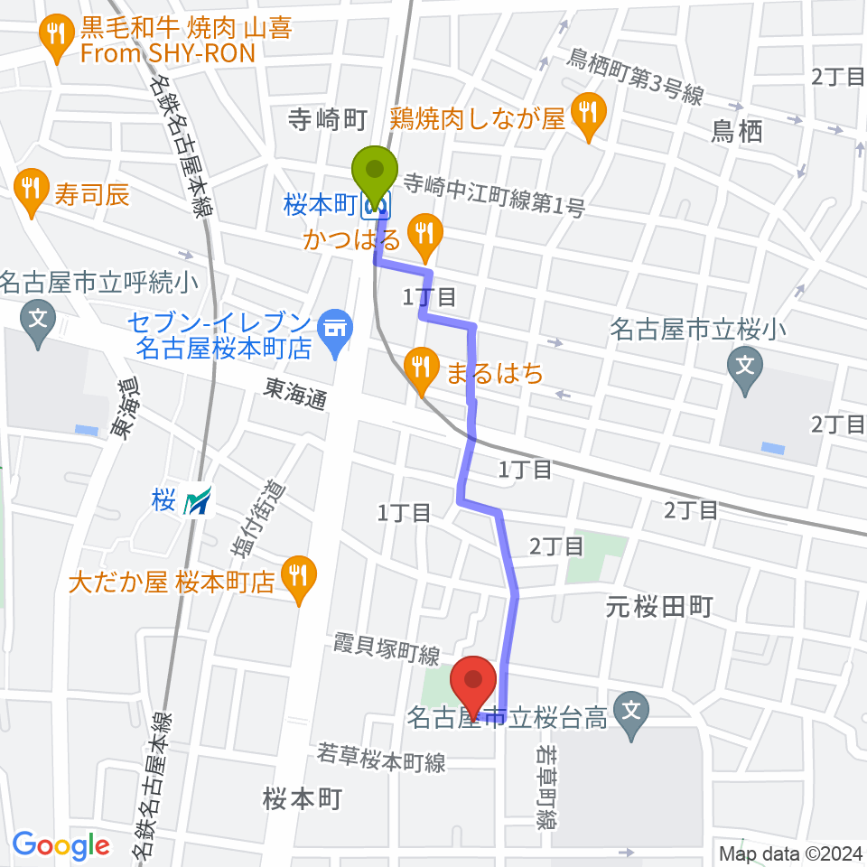 桜本町駅から若草町フルート教室へのルートマップ地図