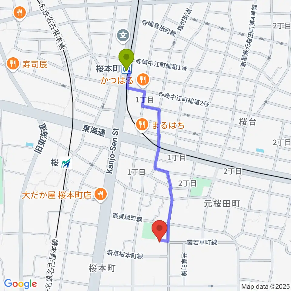 桜本町駅から若草町フルート教室へのルートマップ地図