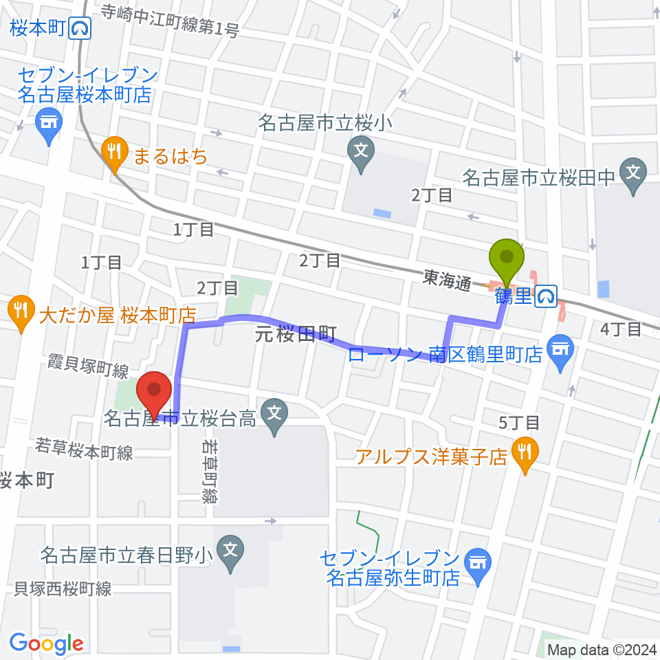 鶴里駅から若草町フルート教室へのルートマップ地図