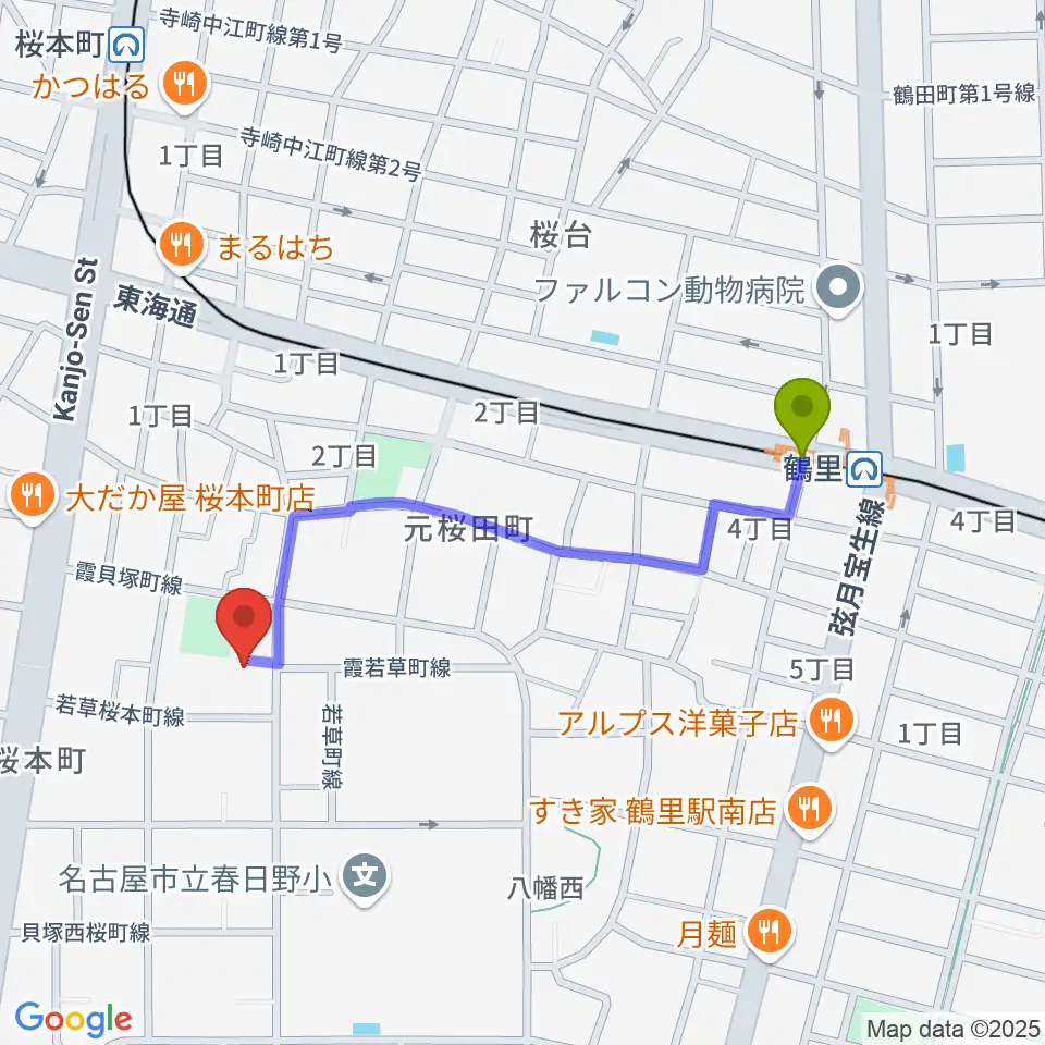 鶴里駅から若草町フルート教室へのルートマップ地図