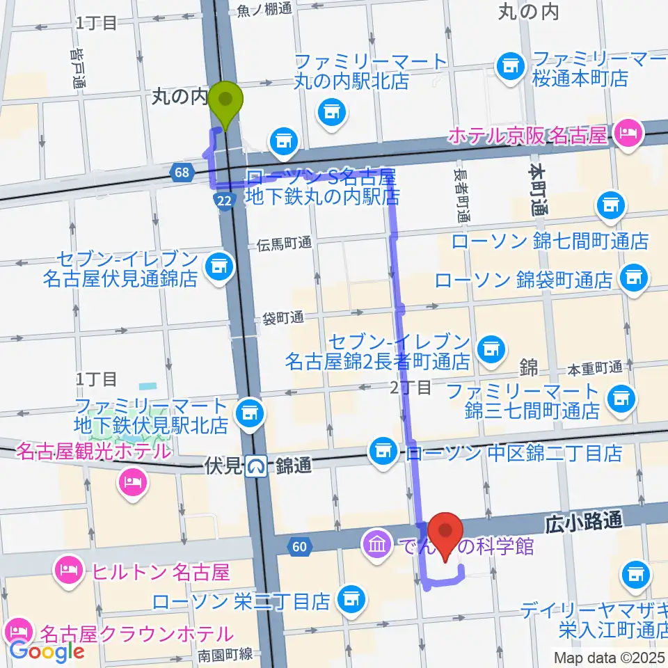 丸の内駅からクロサワ楽器名古屋店へのルートマップ地図