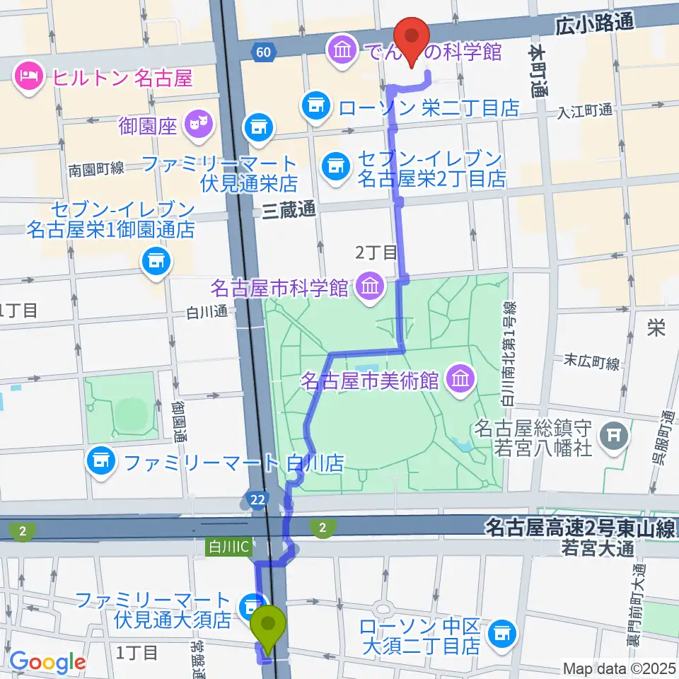 大須観音駅からクロサワ楽器名古屋店へのルートマップ地図