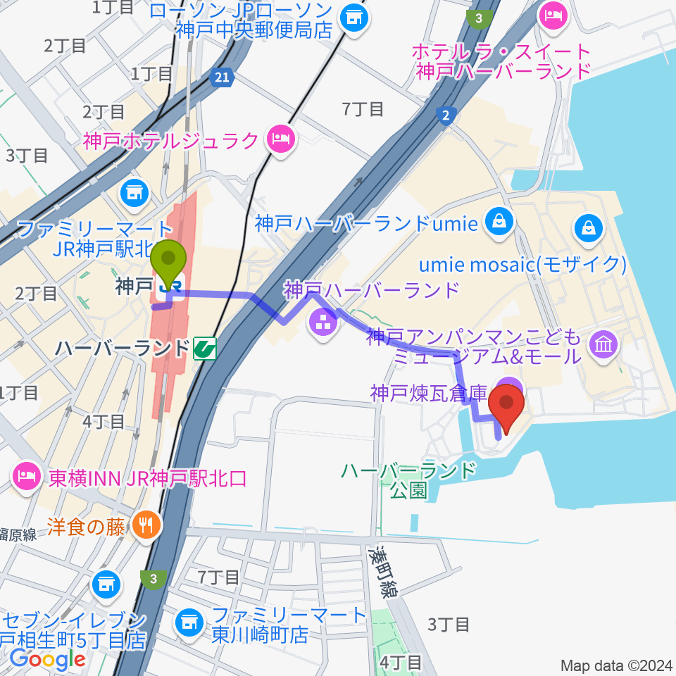 神戸煉瓦倉庫 K-waveの最寄駅神戸駅からの徒歩ルート（約9分）地図