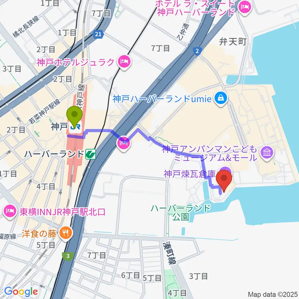 神戸煉瓦倉庫 K-waveの最寄駅神戸駅からの徒歩ルート（約9分）地図