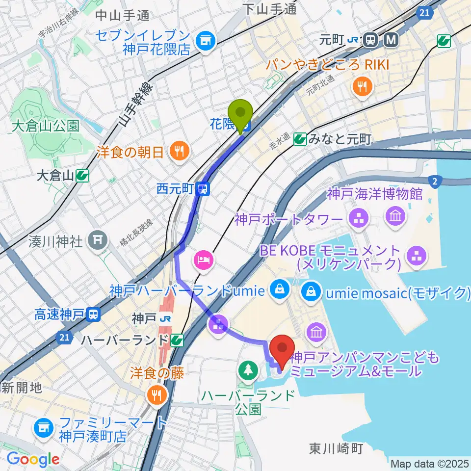 花隈駅から神戸煉瓦倉庫 K-waveへのルートマップ地図