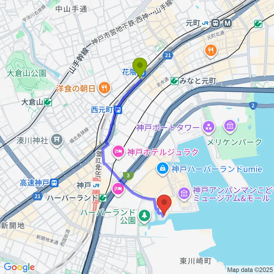 花隈駅から神戸煉瓦倉庫 K-waveへのルートマップ地図