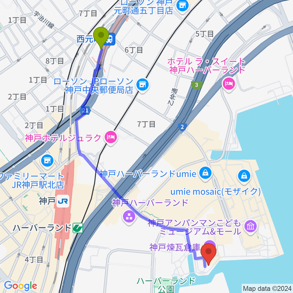 西元町駅から神戸煉瓦倉庫 K-waveへのルートマップ地図