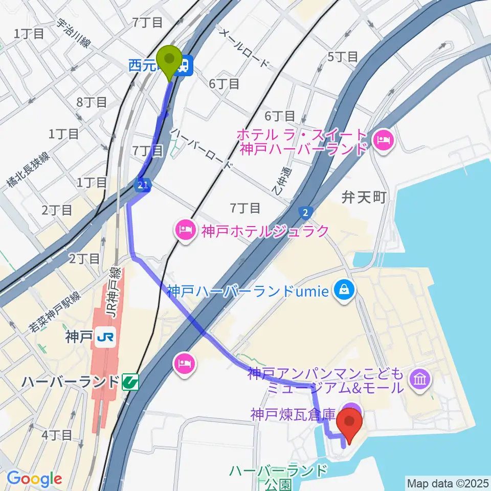 西元町駅から神戸煉瓦倉庫 K-waveへのルートマップ地図