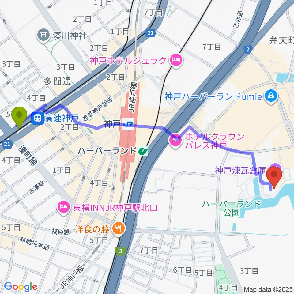 高速神戸駅から神戸煉瓦倉庫 K-waveへのルートマップ地図