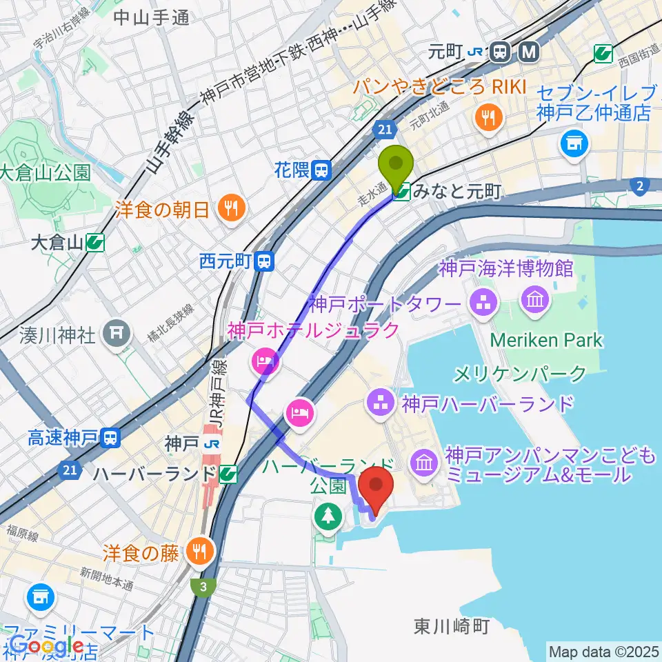 みなと元町駅から神戸煉瓦倉庫 K-waveへのルートマップ地図