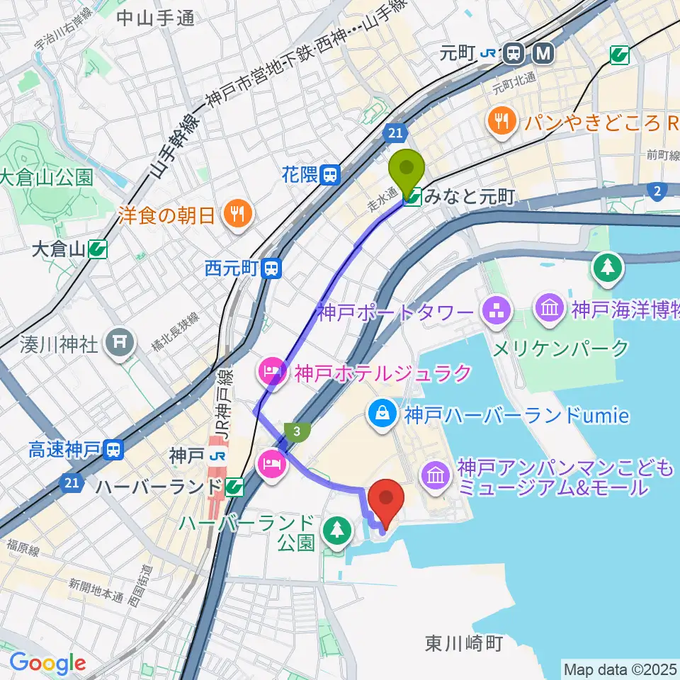 みなと元町駅から神戸煉瓦倉庫 K-waveへのルートマップ地図