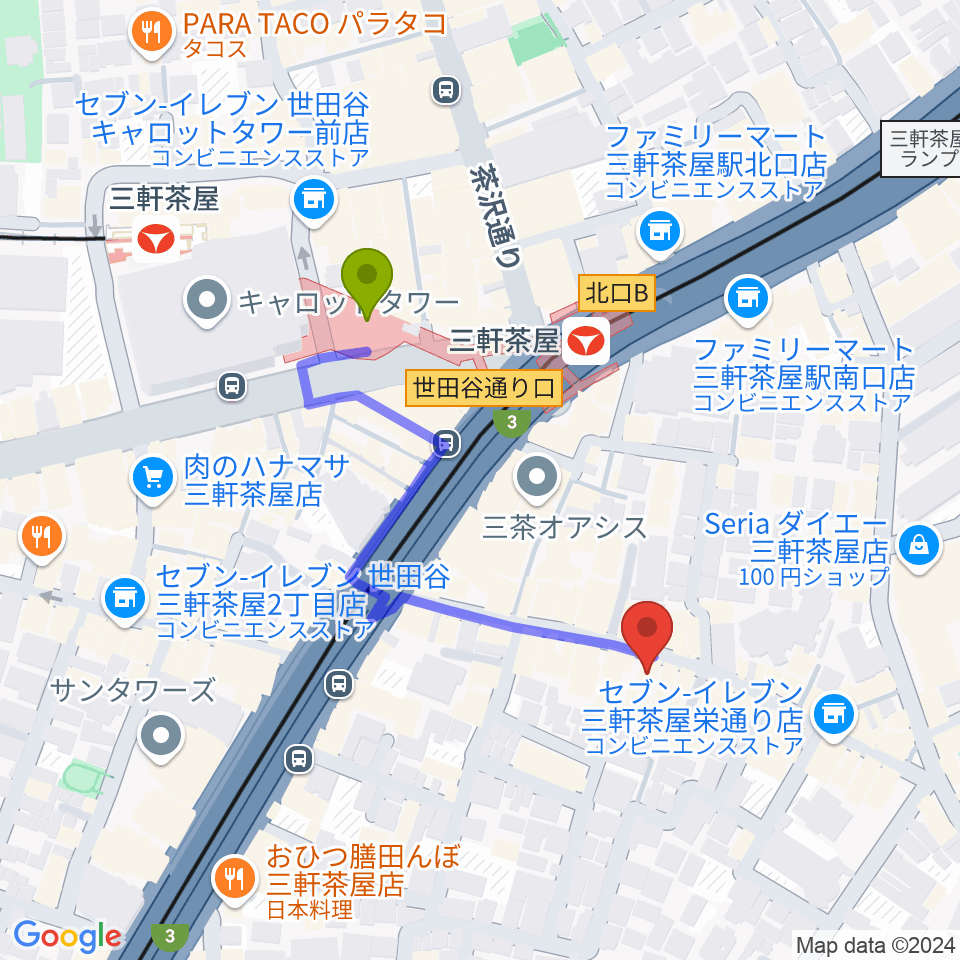 三軒茶屋HEAVEN'S DOORの最寄駅三軒茶屋駅からの徒歩ルート（約4分）地図