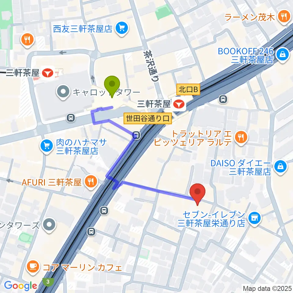 三軒茶屋HEAVEN'S DOORの最寄駅三軒茶屋駅からの徒歩ルート（約4分）地図