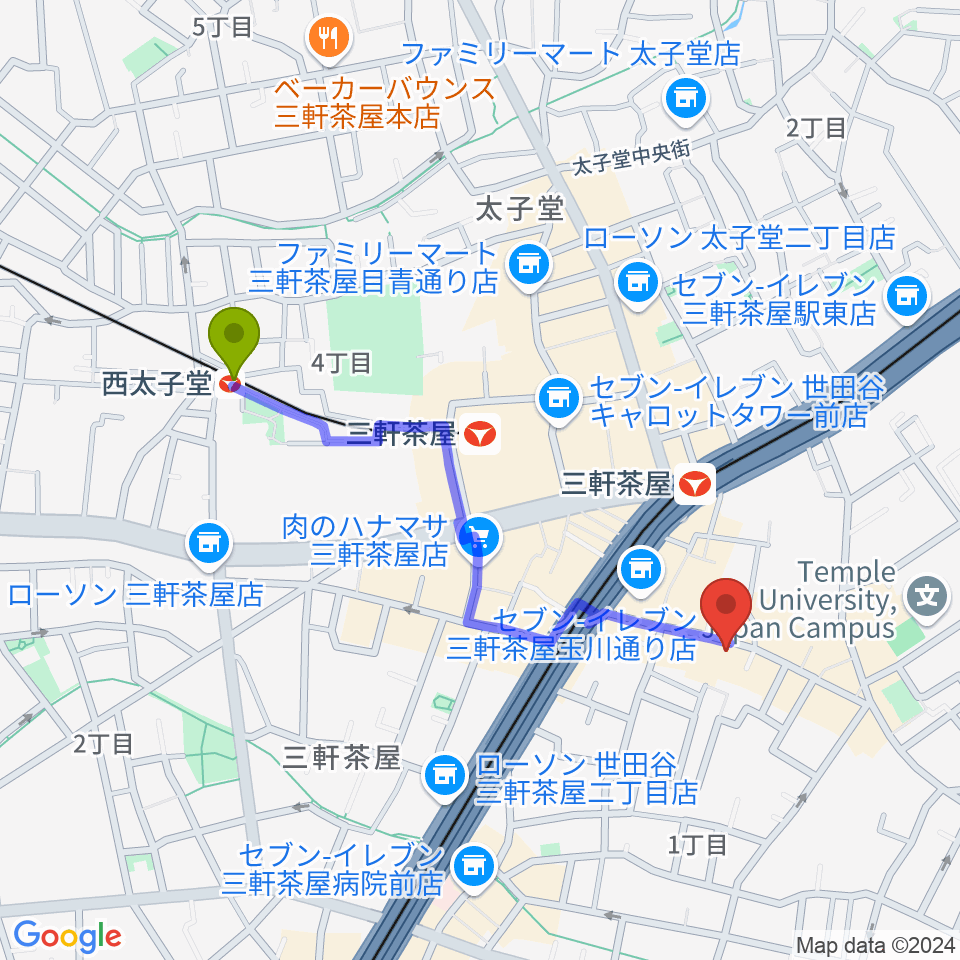 西太子堂駅から三軒茶屋HEAVEN'S DOORへのルートマップ地図