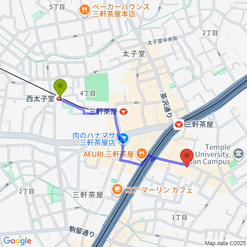 西太子堂駅から三軒茶屋HEAVEN'S DOORへのルートマップ地図