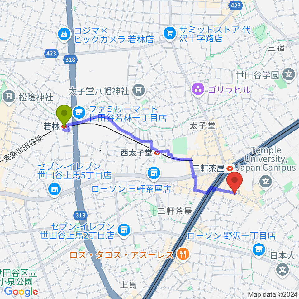 若林駅から三軒茶屋HEAVEN'S DOORへのルートマップ地図