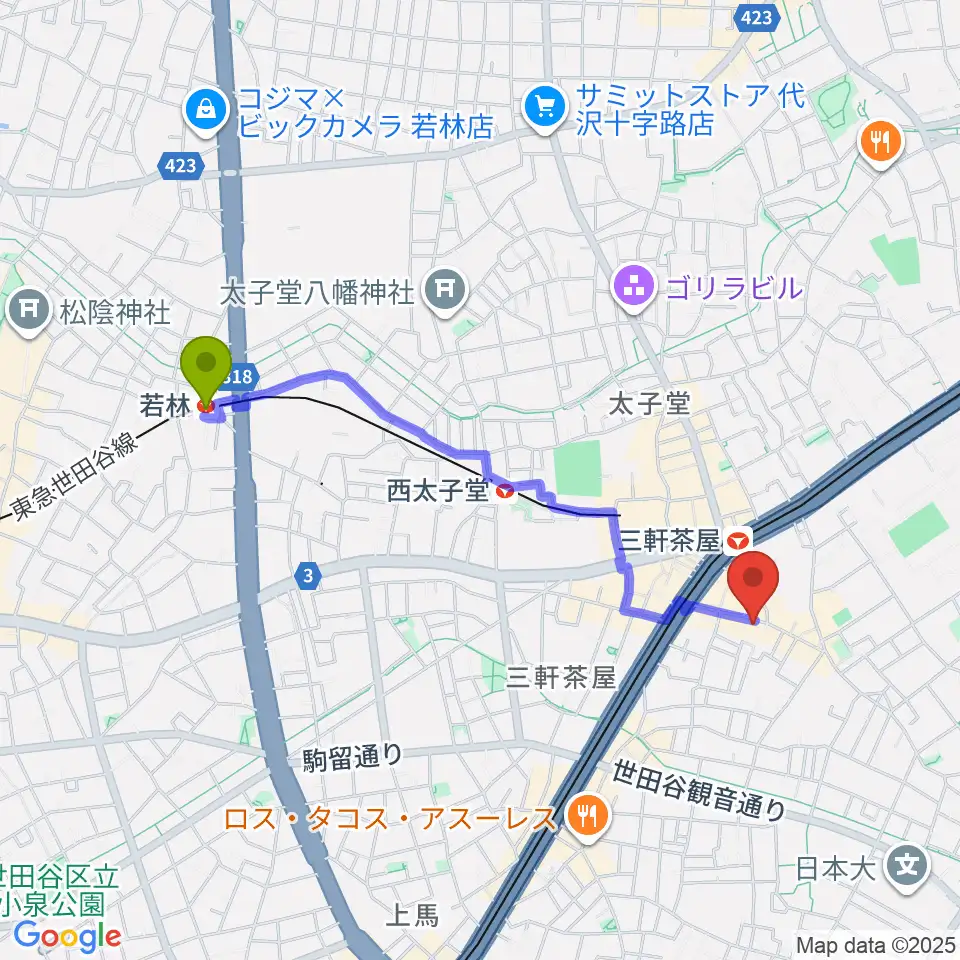 若林駅から三軒茶屋HEAVEN'S DOORへのルートマップ地図