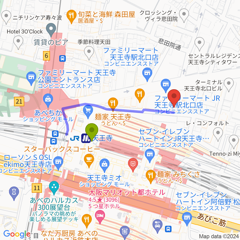 ヤンタスタジオの最寄駅天王寺駅からの徒歩ルート（約3分）地図