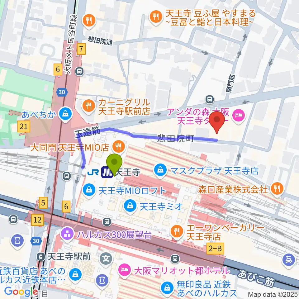 ヤンタスタジオの最寄駅天王寺駅からの徒歩ルート（約3分）地図