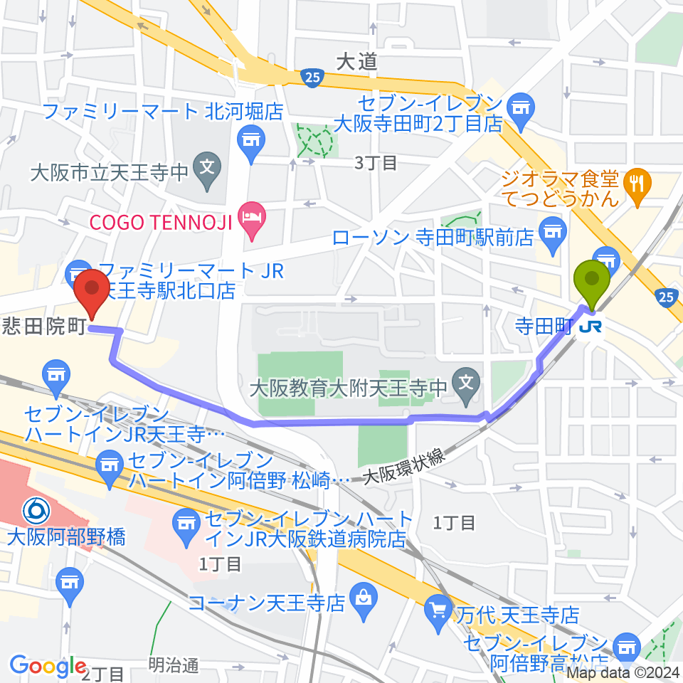 寺田町駅からヤンタスタジオへのルートマップ地図