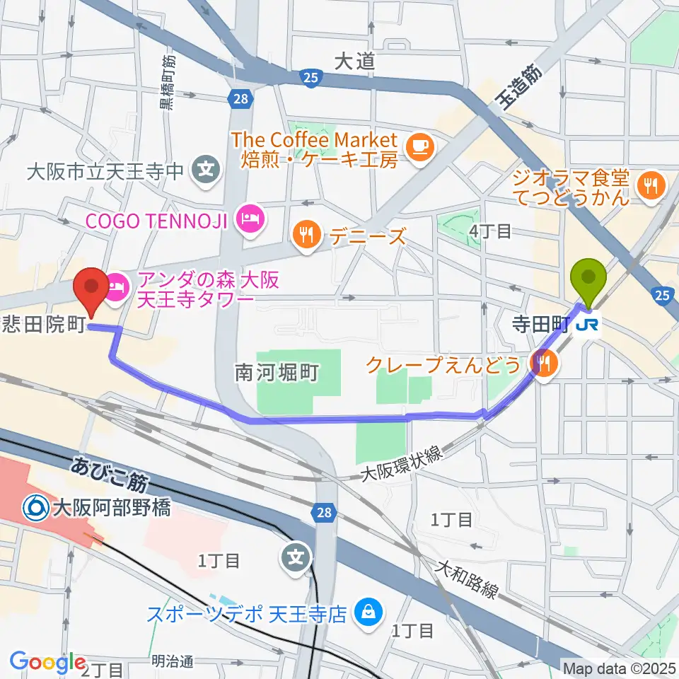 寺田町駅からヤンタスタジオへのルートマップ地図